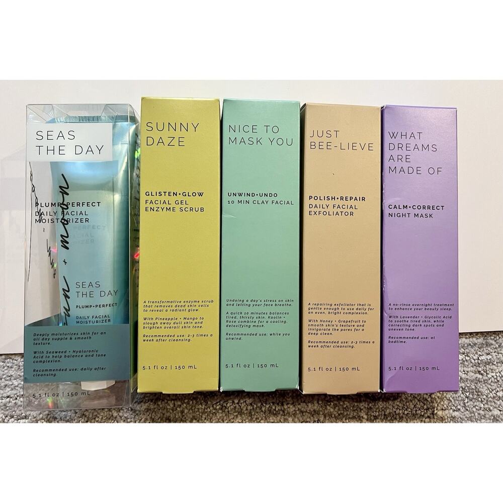 NEW Sun+Moon Set Moisturizer Gel Enzyme Scrub, Clay Facial, Night Mask Exfoliate